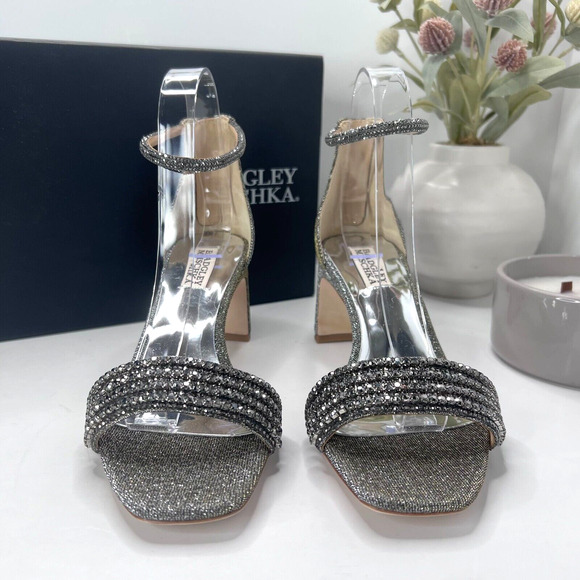 Badgley Mischka Kameryn Open Toe Block Heel Sandal Pewter Women's 8 NWB - Picture 6 of 12